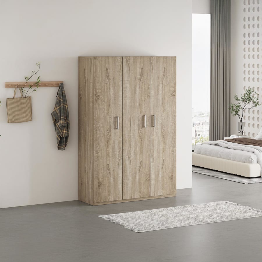 Armoire 3 portes 8 &eacute;tag&egrave;res couleur ch&ecirc;ne clair